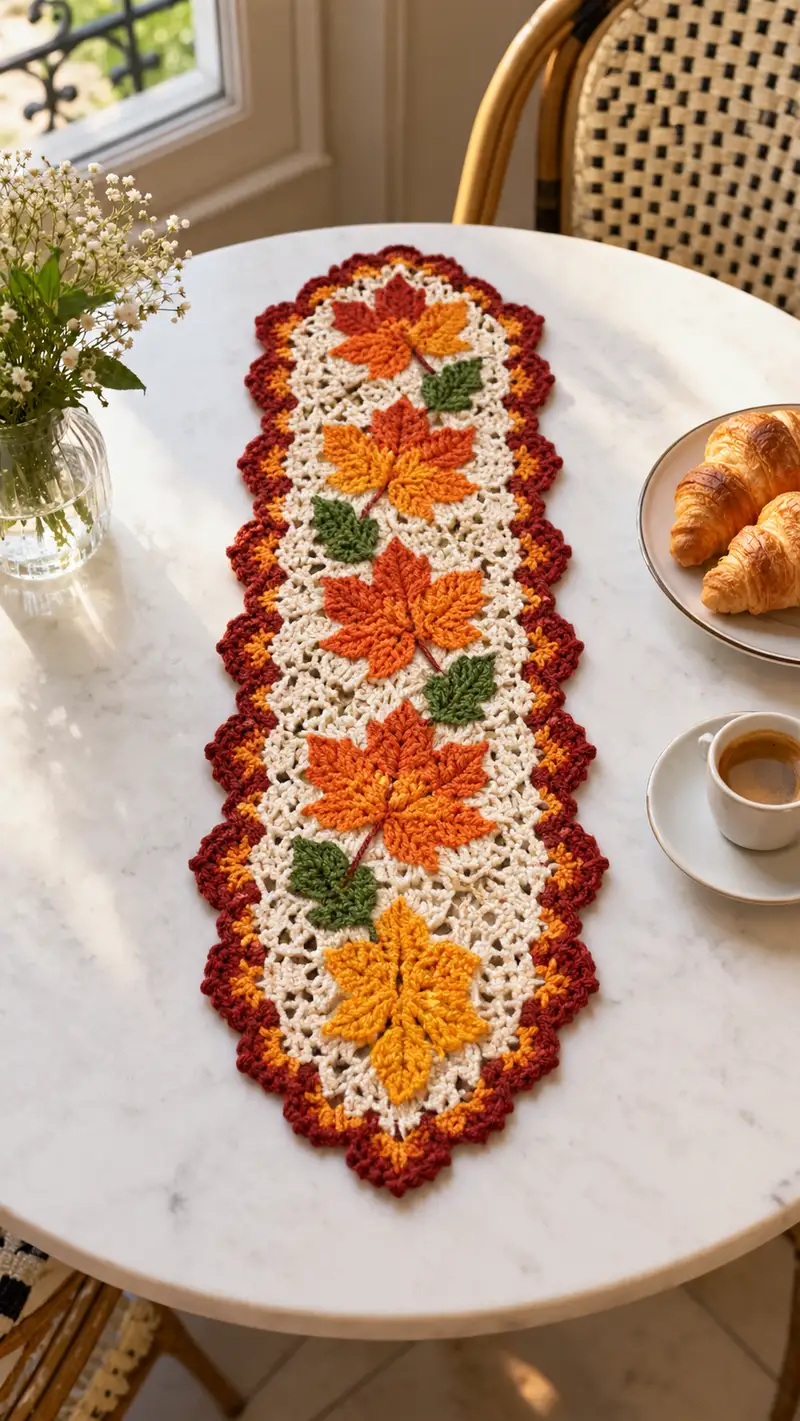 Autumn Leaves Table Runner Pattern crochet pattern - detailed view of completed project