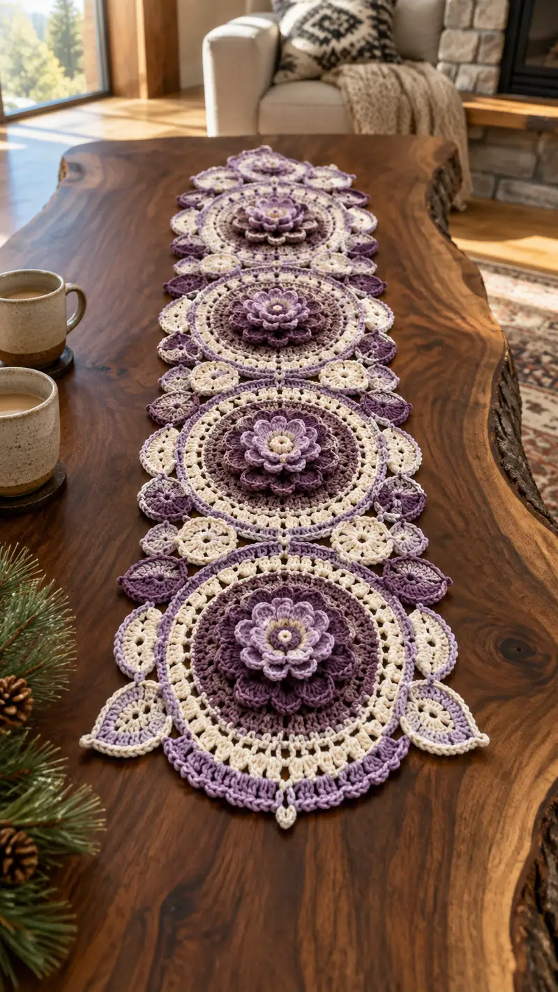 Purple And Cream Floral Medallion Table Runner Pattern crochet pattern - detailed view of completed project