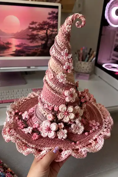 Big Tall Rose Gold Spiral Witch Hat with Cherry Blossoms and Lace Pattern step 1 - construction progress