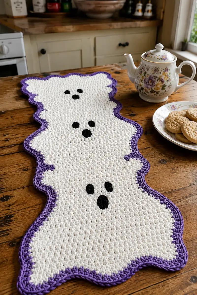 White Ghost Halloween Table Runner with Wavy Purple Border Pattern crochet pattern - detailed view of completed project