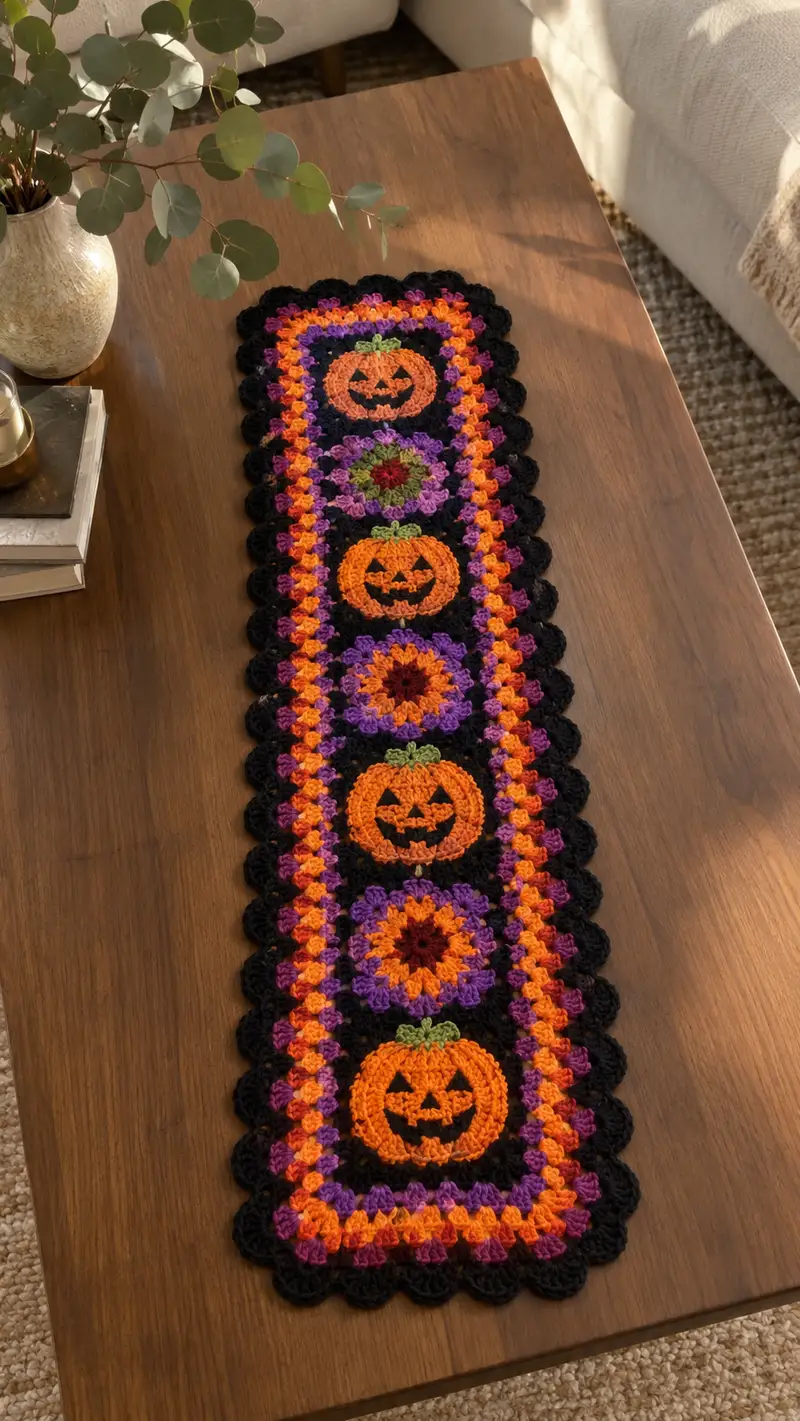Spooky Pumpkin Granny Table Runner Pattern crochet pattern - detailed view of completed project