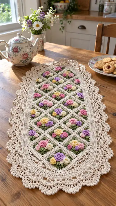 Vintage Floral Crochet Table Runner Pattern step 1 - construction progress