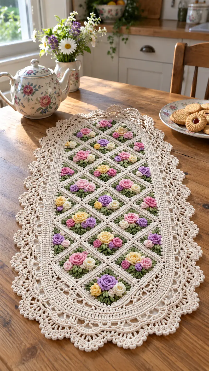 Vintage Floral Crochet Table Runner Pattern crochet pattern - detailed view of completed project