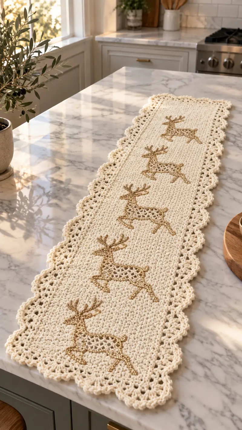 Ivory Reindeer Table Runner Pattern crochet pattern - detailed view of completed project