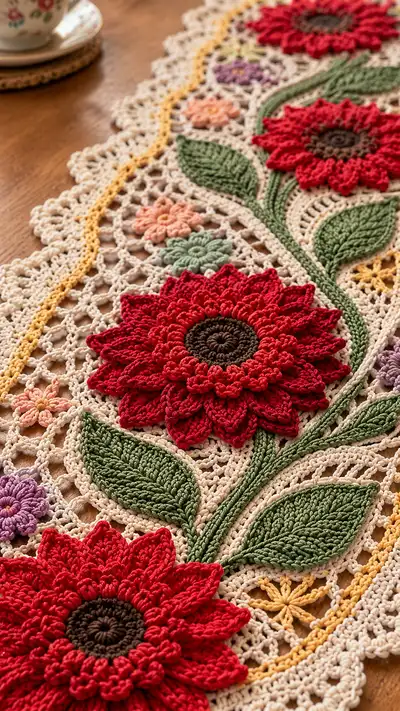 Sunflower Garden Lace Table Runner Pattern step 2 - assembly progress