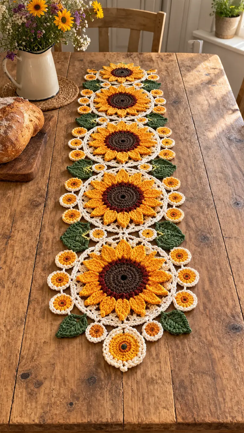 Sunflower Yellow And Brown Lace Table Runner Pattern crochet pattern - detailed view of completed project