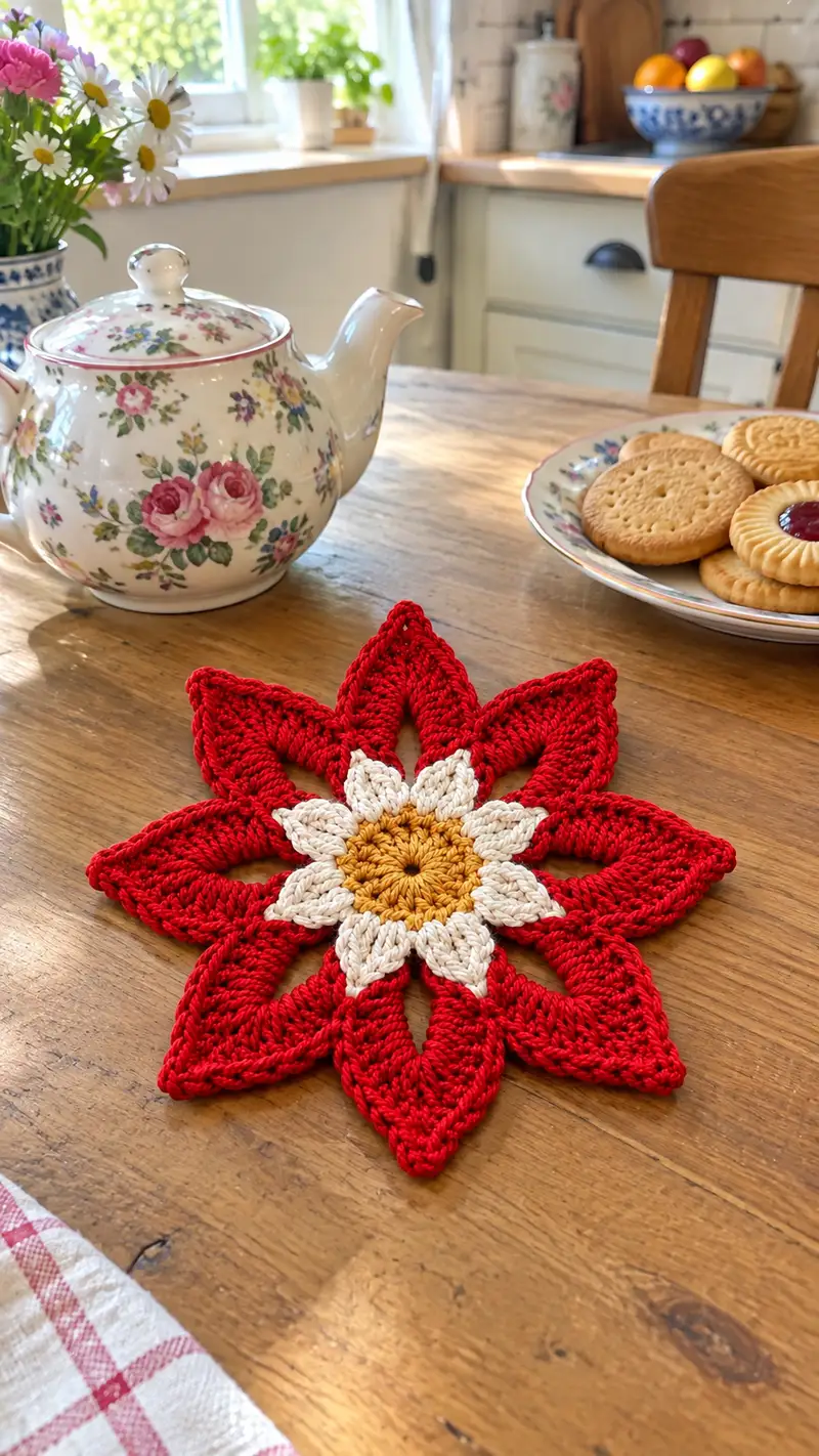 Festive Poinsettia Star Pattern crochet pattern - detailed view of completed project