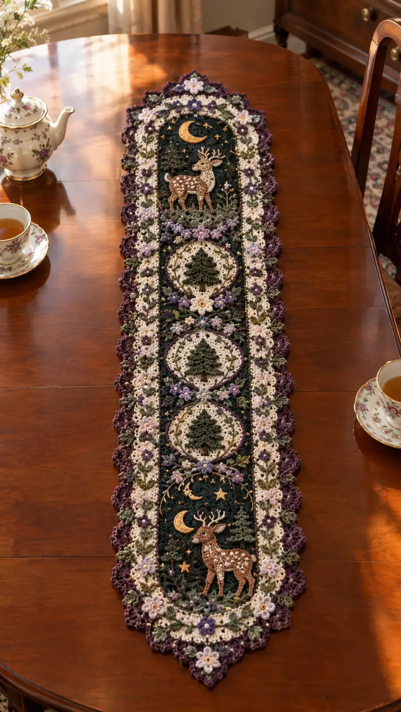 Woodland Deer Table Runner Pattern crochet pattern - detailed view of completed project