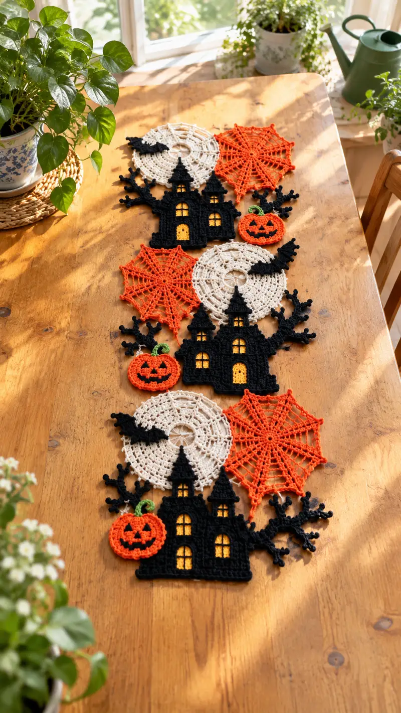 Spooky Halloween Table Runner Pattern crochet pattern - detailed view of completed project