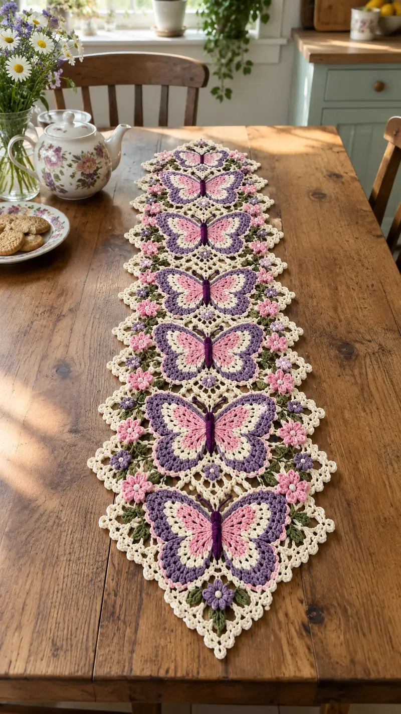 Butterfly Lace Table Runner Pattern crochet pattern - detailed view of completed project