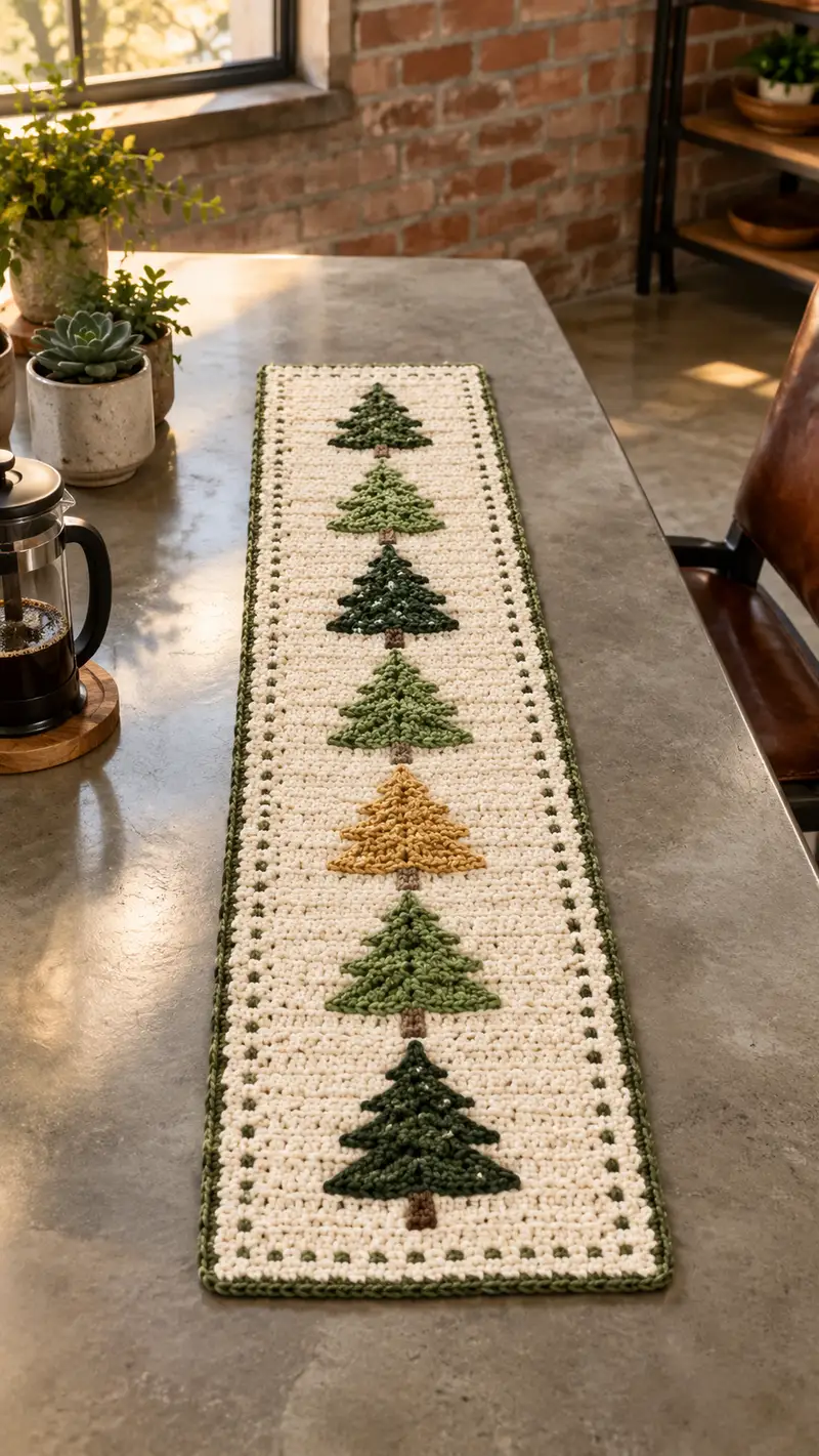 Evergreen Row Table Runner Pattern crochet pattern - detailed view of completed project