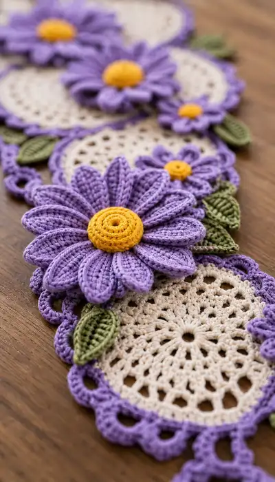 Lavender Daisy Table Runner Pattern step 2 - assembly progress