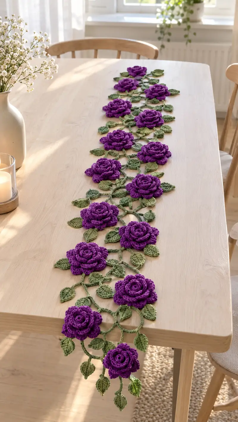 Elegant Purple Rose Table Runner Pattern crochet pattern - detailed view of completed project