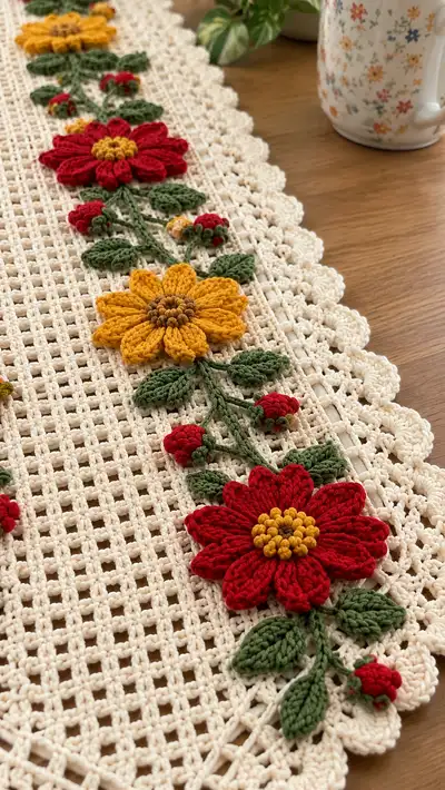 Floral Filet Table Runner Pattern step 2 - assembly progress