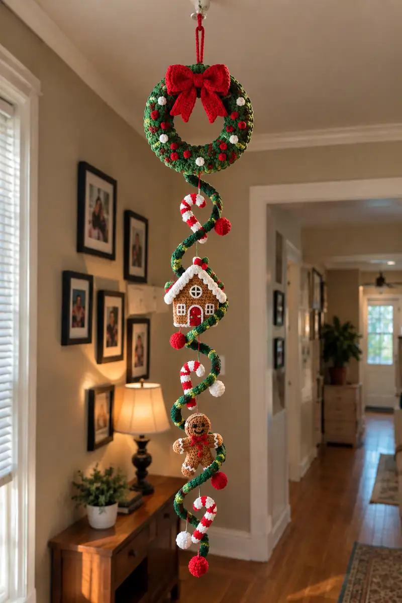 Festive Crochet Wreath with Gingerbread House and Candy Cane Amigurumi Pattern crochet pattern - detailed view of completed project