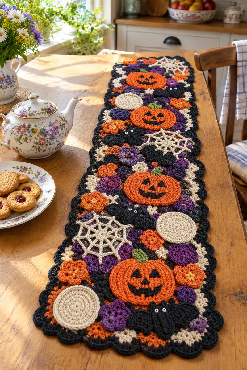 Halloween Pumpkin Crochet Table Runner Pattern crochet pattern - detailed view of completed project
