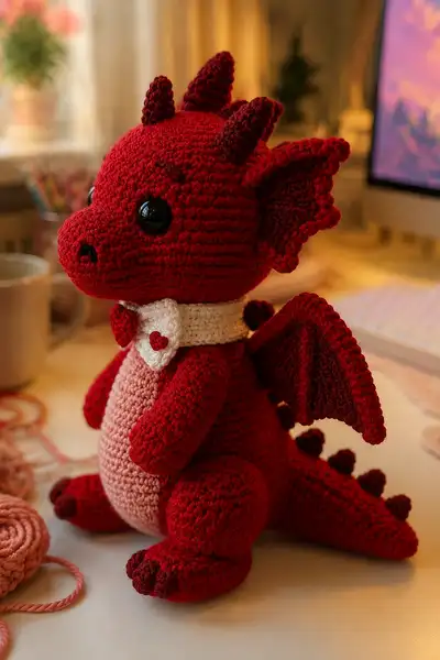 Big Ruby Love Dragon Wearing a Heart Bow Tie Amigurumi Pattern step 2 - assembly progress