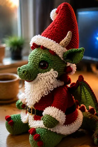 Big Santa Dragon with Red Hat and Fluffy Beard Amigurumi Pattern step 2 - assembly progress