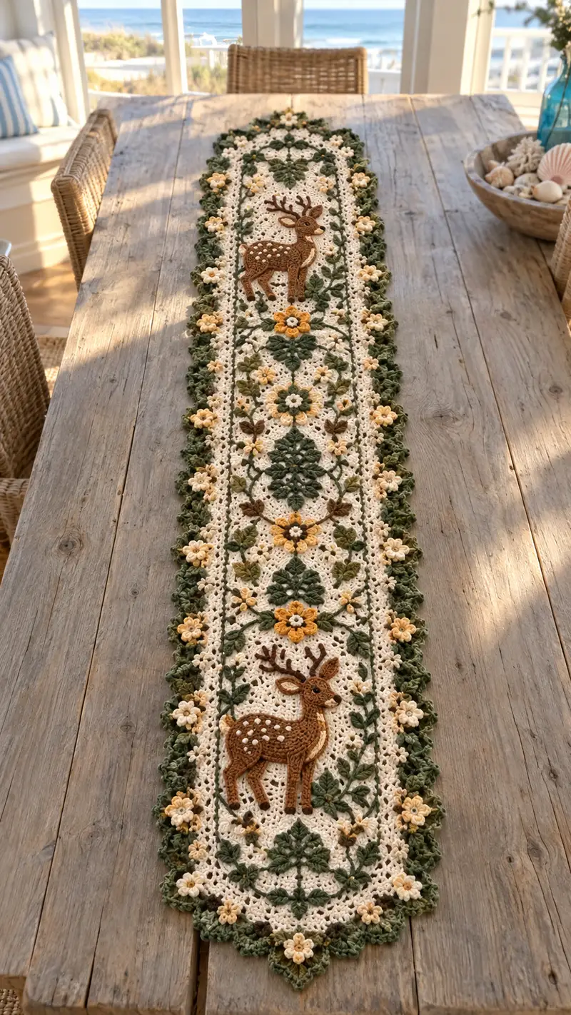 Woodland Deer Table Runner Pattern crochet pattern - detailed view of completed project