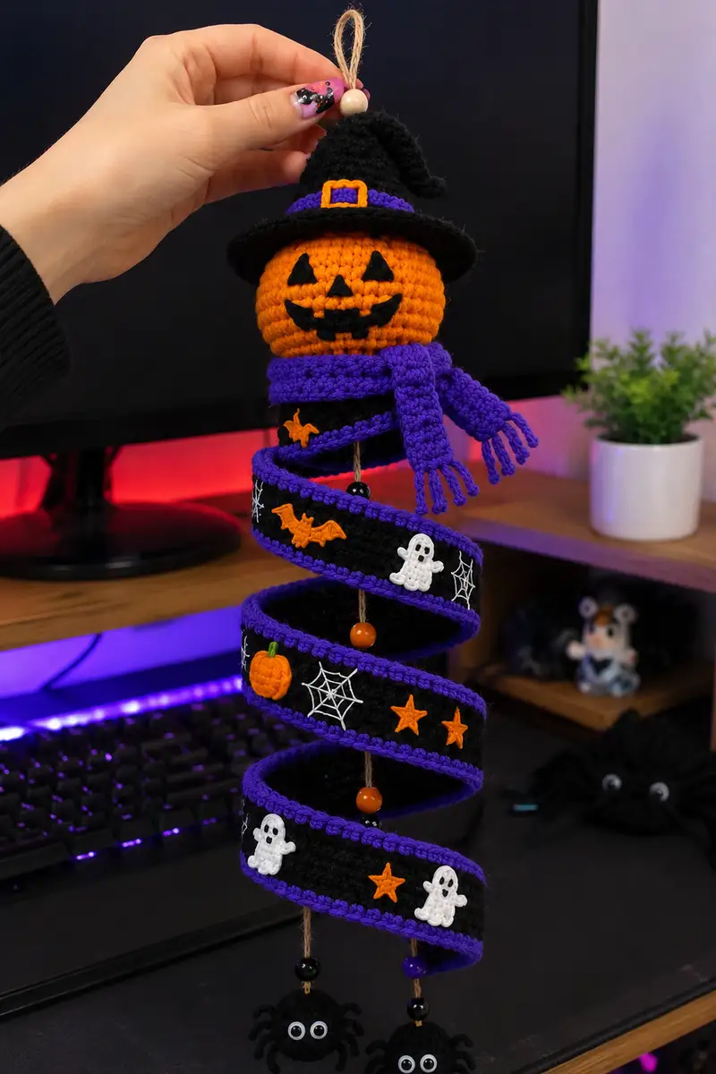 Pumpkin Spooky Spiral Ornament Amigurumi Pattern crochet pattern - detailed view of completed project