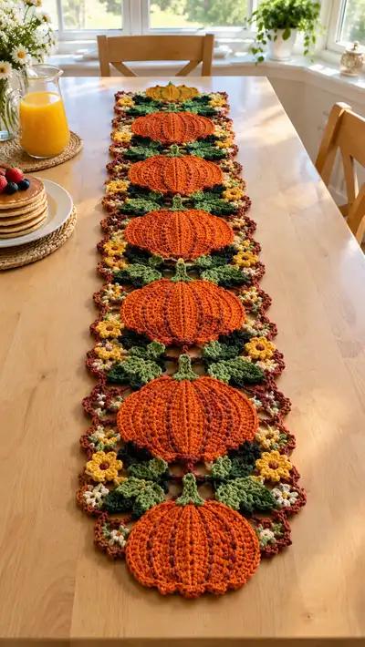 Orange Pumpkin With Green Leaves Table Runner Pattern step 1 - construction progress