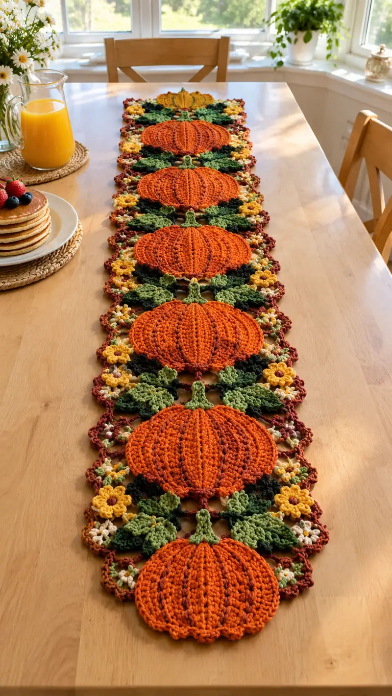 Free crochet pattern: Orange Pumpkin With Green Leaves Table Runner Pattern - Intermediate level tutorial