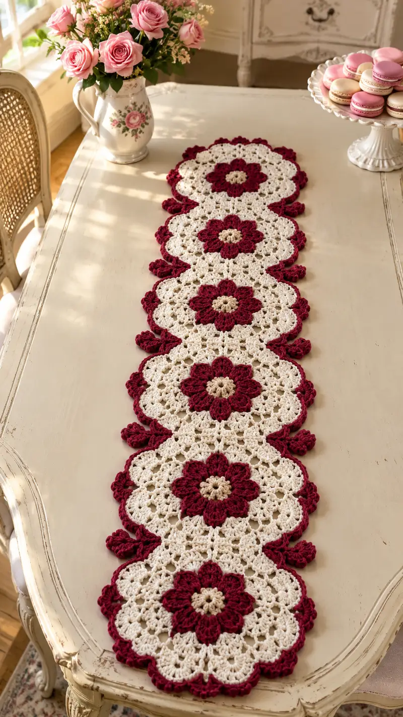 Burgundy And Cream Floral Motif Table Runner Pattern crochet pattern - detailed view of completed project