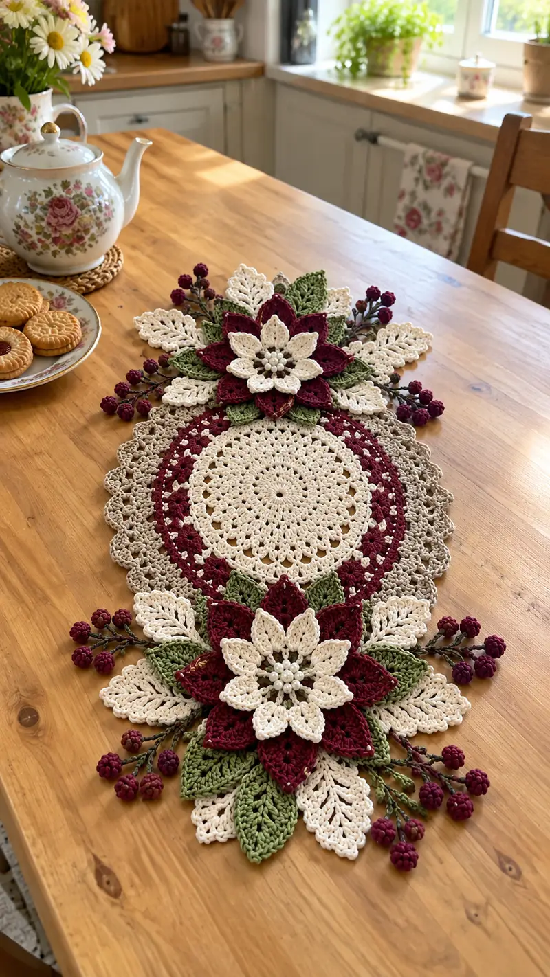 Festive Poinsettia Table Runner Pattern crochet pattern - detailed view of completed project