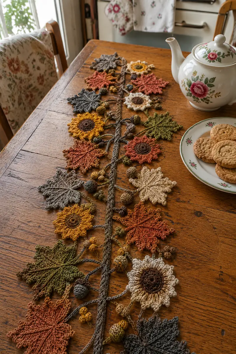 Autumn Maple Leaves and Sunflowers Table Runner Pattern crochet pattern - detailed view of completed project