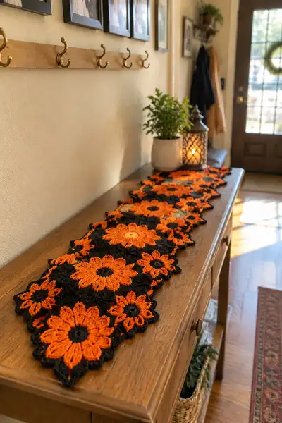 Orange and Black Detached Bloom Halloween Table Runner Pattern step 1 - construction progress