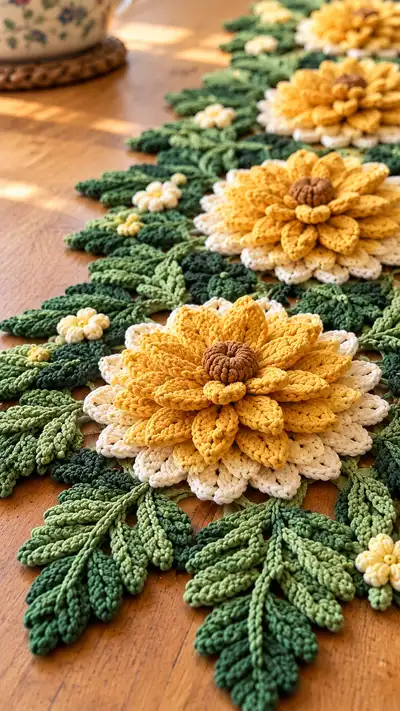 Sunflower Table Runner Pattern step 2 - assembly progress