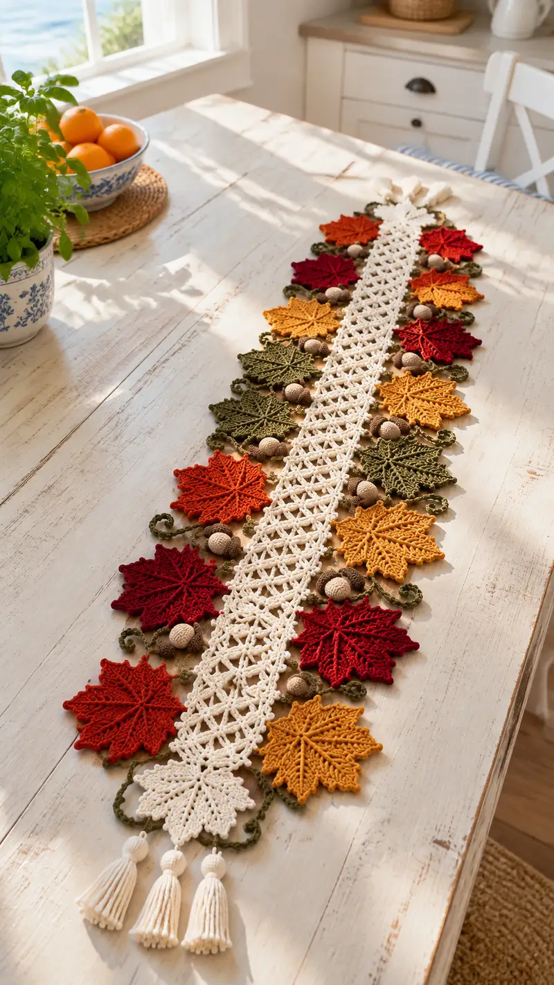 Autumn Maple Leaf Table Runner Pattern crochet pattern - detailed view of completed project