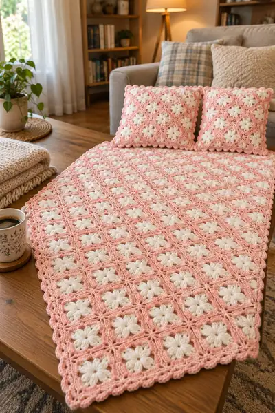Coral Pink Bedspread Pattern step 2 - assembly progress