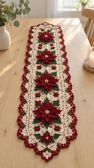 Red Poinsettia Cream Lace Table Runner Pattern step 1 - construction progress