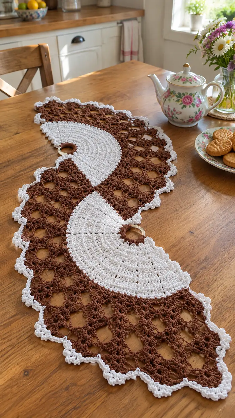 Vintage Two-Tone Scalloped Table Runner Pattern crochet pattern - detailed view of completed project