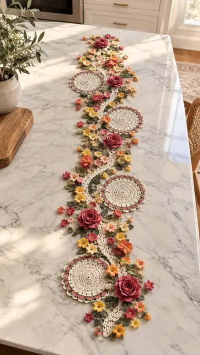 Crochet Floral Table Runner Pattern step 1 - construction progress