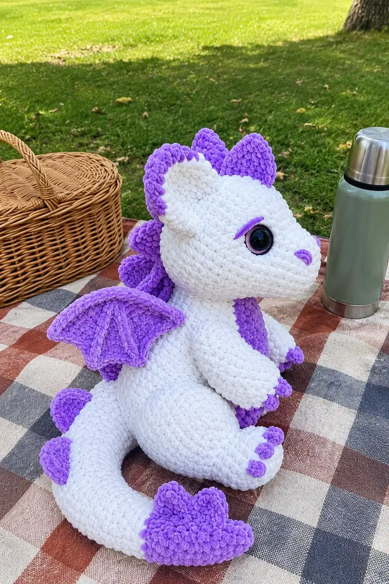Cute White and Purple Dragon Amigurumi Pattern crochet pattern - detailed view of completed project