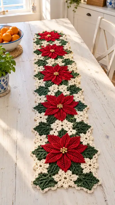 Festive Poinsettia Table Runner Pattern step 1 - construction progress