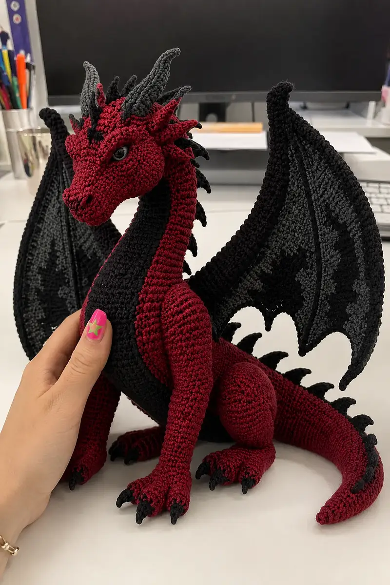 Giant Ruby Red Dragon with Black Smoke Wings Amigurumi Pattern crochet pattern - detailed view of completed project