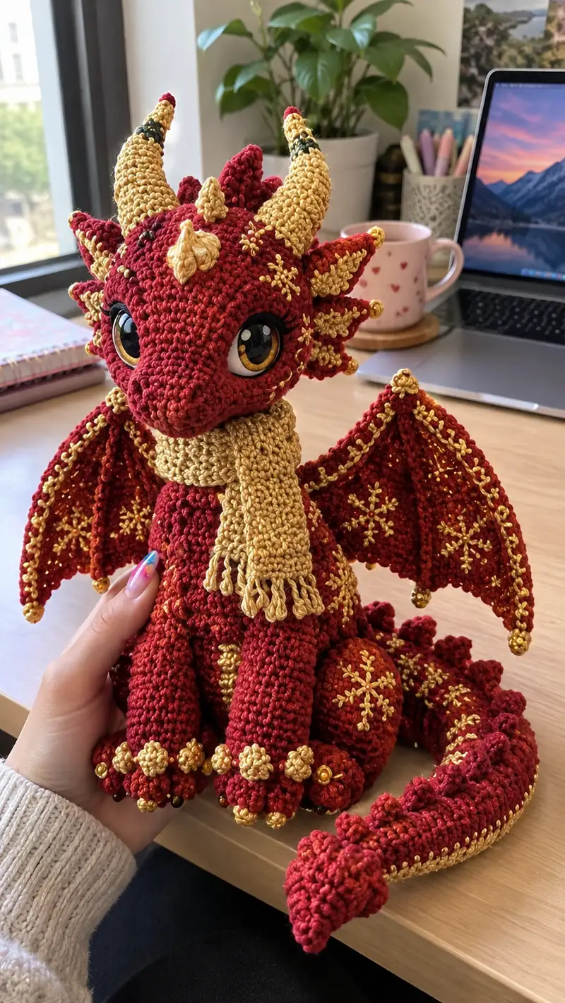 Regal Red Dragon Amigurumi Pattern crochet pattern - detailed view of completed project