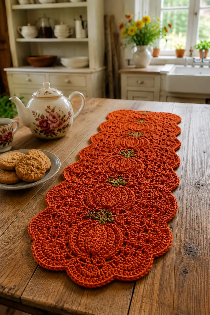 Pumpkin Harvest Scalloped Table Runner Pattern crochet pattern - detailed view of completed project