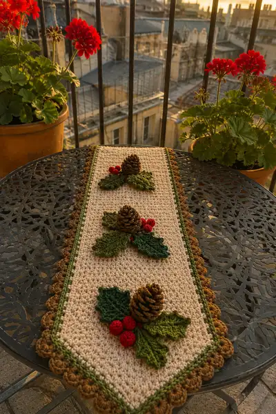 Rustic Pinecone and Holly Christmas Table Runner Pattern step 1 - construction progress