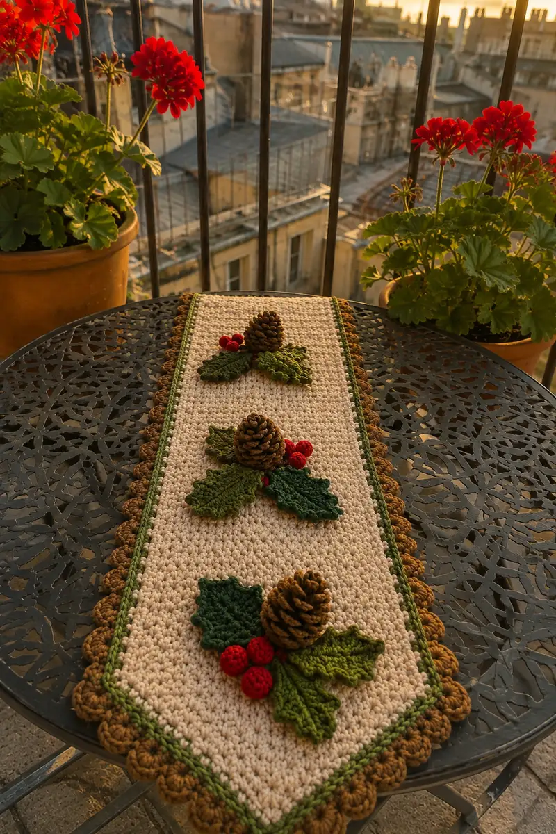 Rustic Pinecone and Holly Christmas Table Runner Pattern crochet pattern - detailed view of completed project