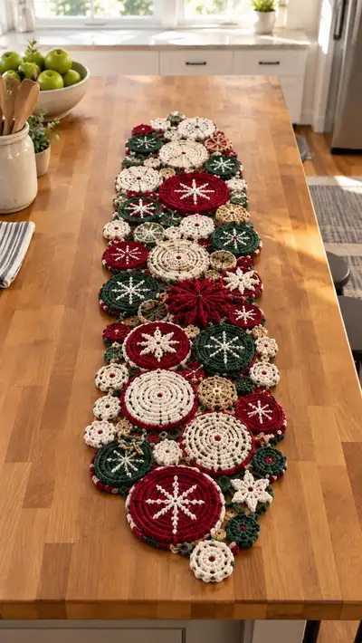 Red Green Cream Snowflake Motif Table Runner Pattern step 1 - construction progress