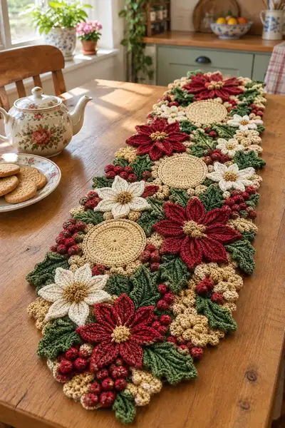 Xmas Poinsettia Crochet Table Runner Pattern step 1 - construction progress