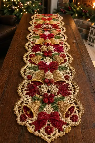 Long Jingle Bell and Ribbon Christmas Runner Pattern step 1 - construction progress