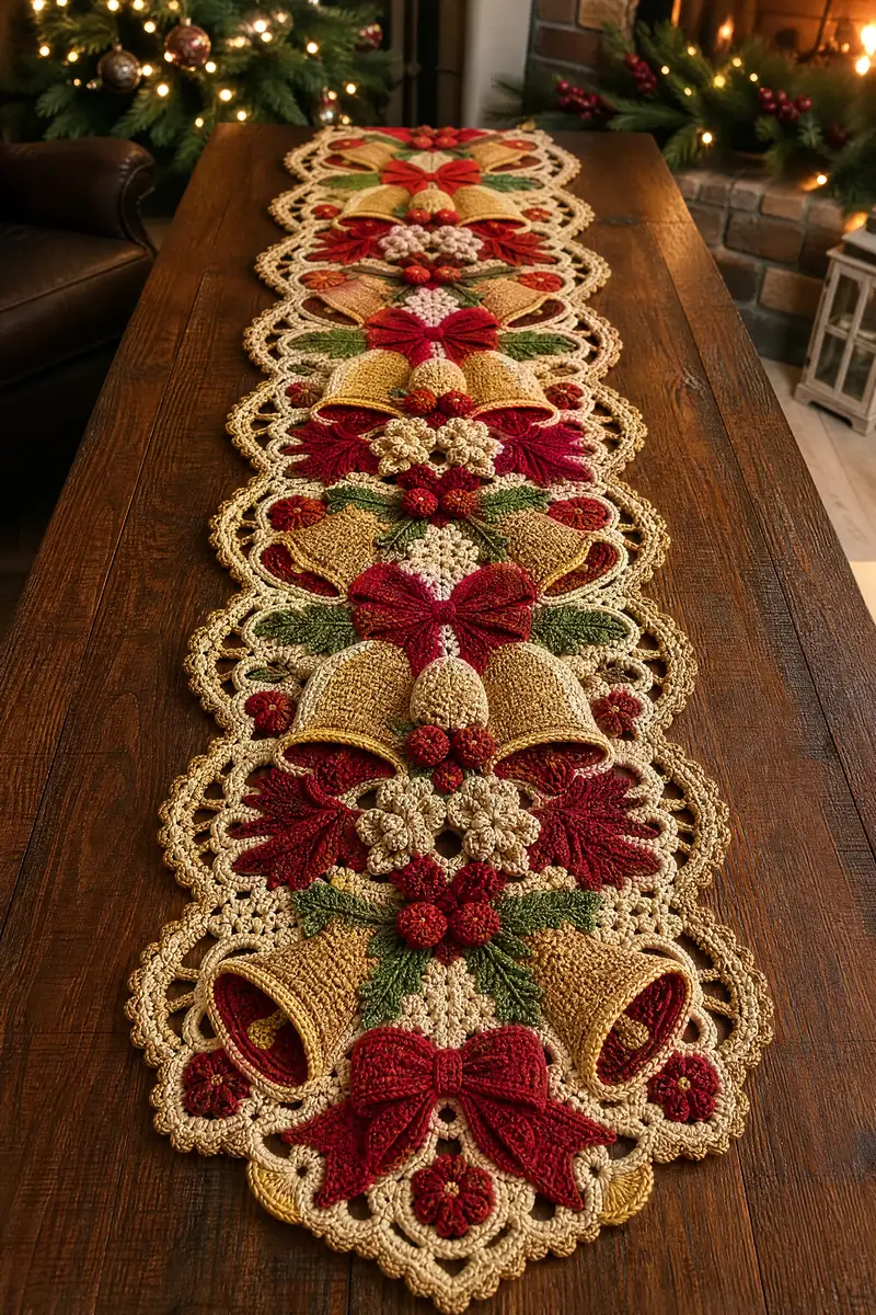 Long Jingle Bell and Ribbon Christmas Runner Pattern crochet pattern - detailed view of completed project