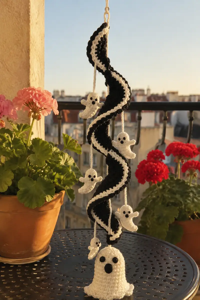 Free crochet pattern: Spooky Spiral Garland with Tiny Ghosts Pattern - Intermediate level tutorial