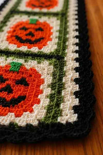 Smiling Pumpkin Table Runner Pattern step 2 - assembly progress