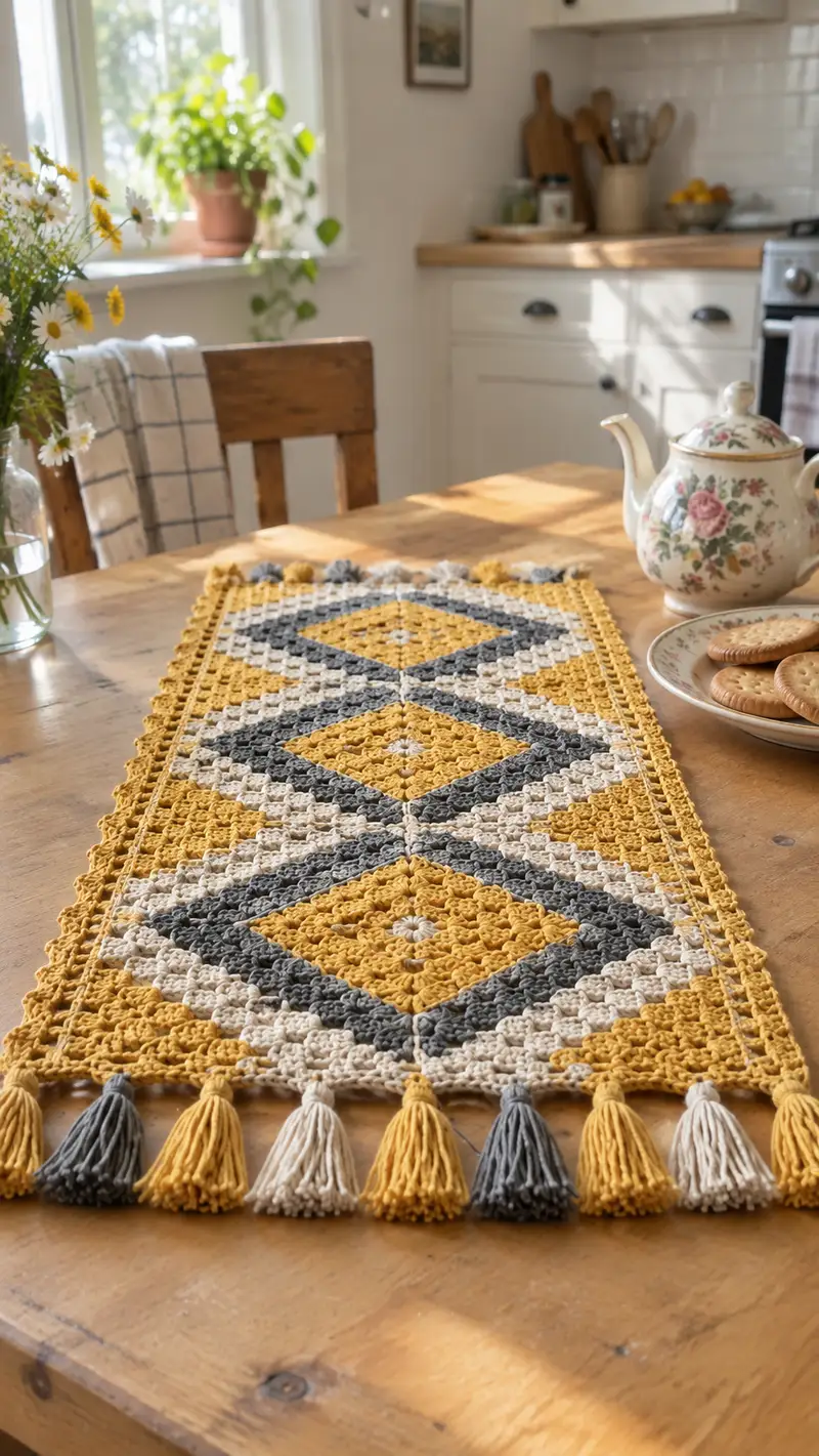 Geometric Diamond Table Runner Pattern crochet pattern - detailed view of completed project